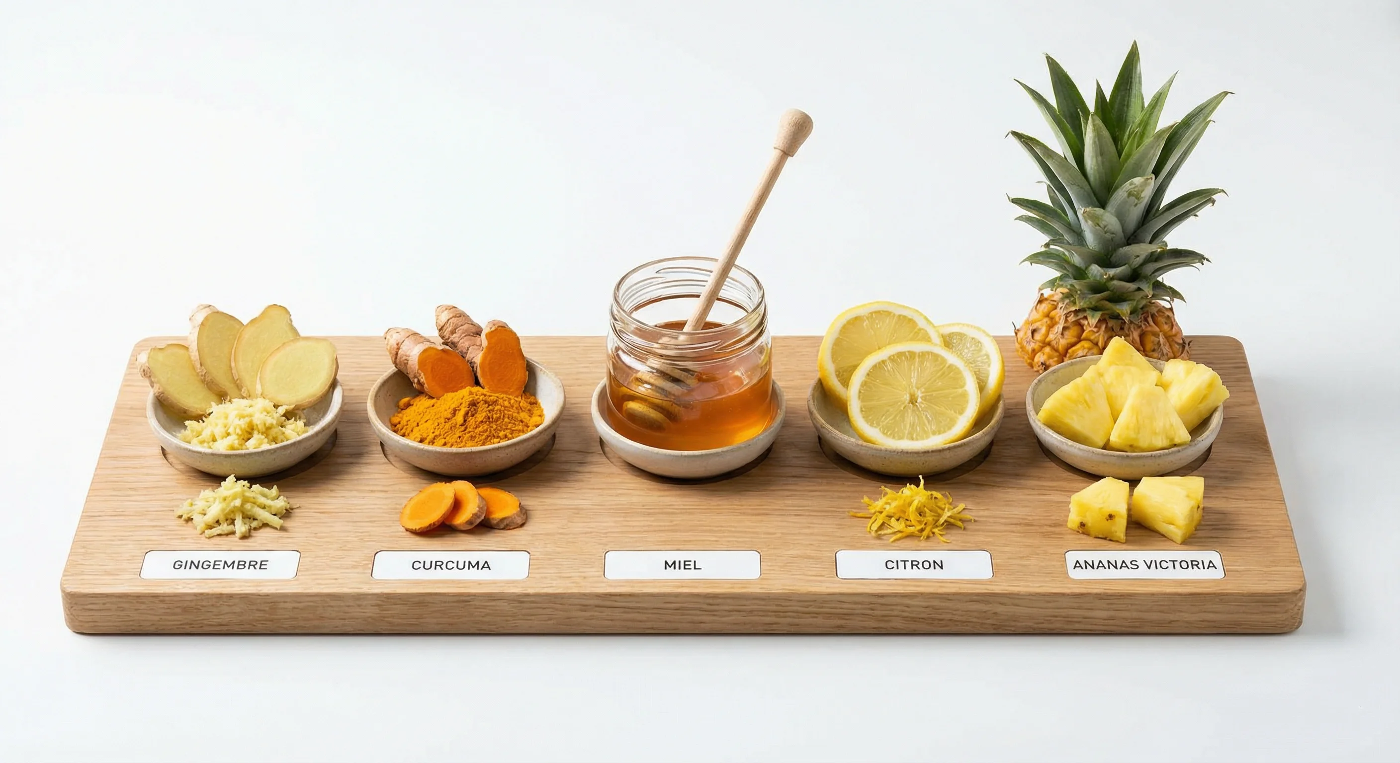 Les 5 ingrédients du Zandjabila — gingembre, curcuma, miel, citron, ananas Victoria